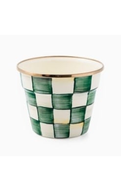 Small hand-glazed steel garden pot with emerald checkered pattern and bronzed stainless rim