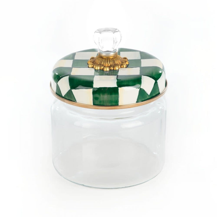 Emerald check glass kitchen canister with bronzed stainless steel lid rim