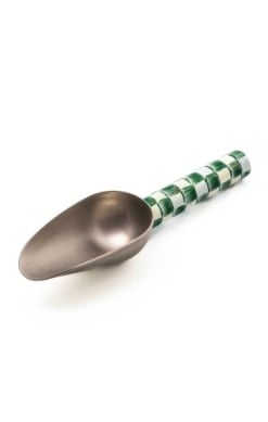 Small stainless steel scoop with hand-painted emerald green check pattern.