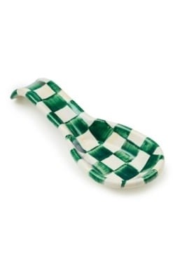 Hand-glazed steel spoon rest with hand-painted emerald check pattern.