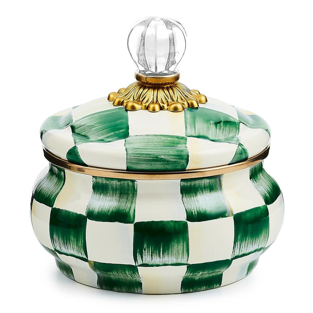 Hand-glazed steel squashed pot with emerald checkered pattern, bronzed stainless rim, brass and glass accents.