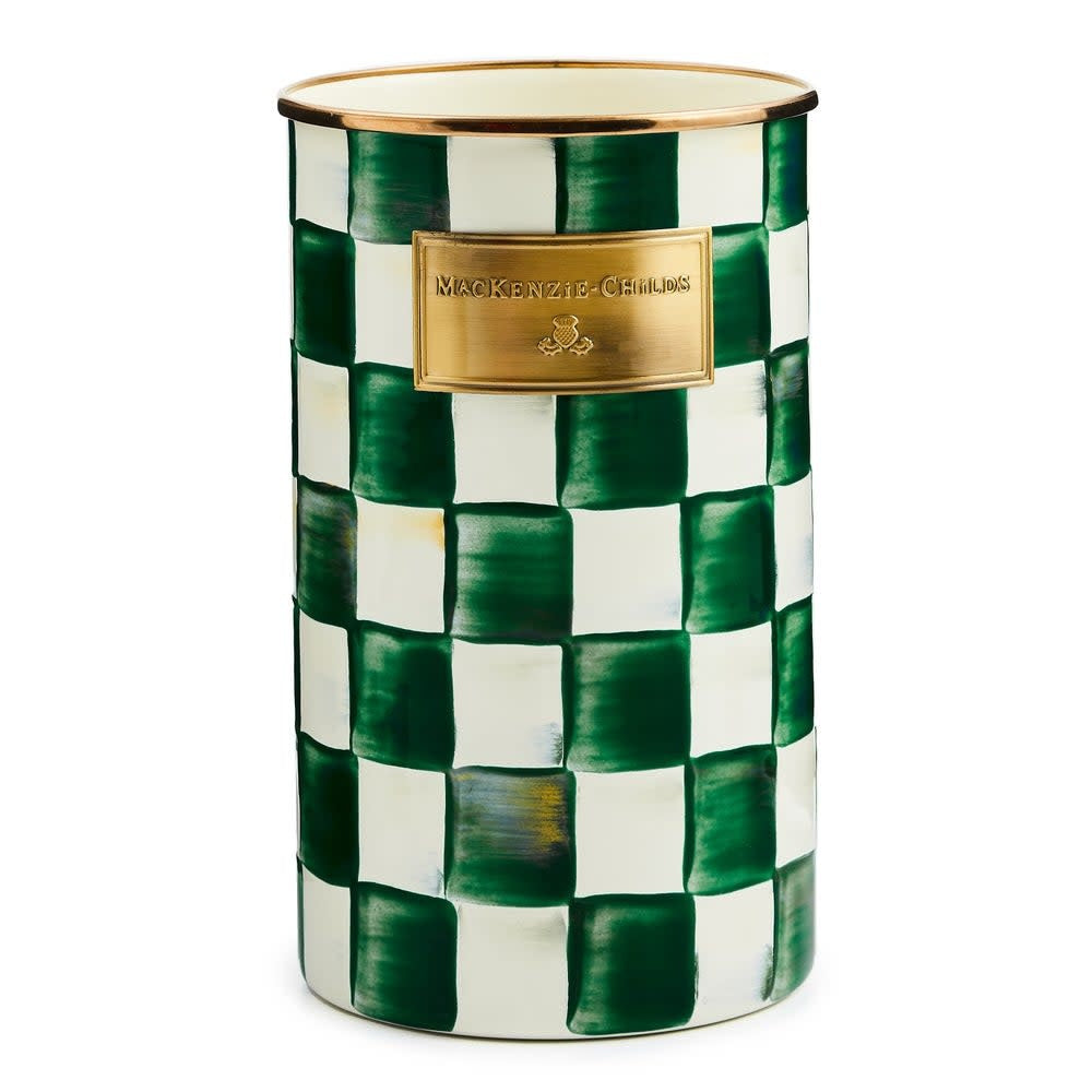 Extra-tall emerald green check enamel utensil holder with bronzed stainless steel rim and heavy-gauge steel body.