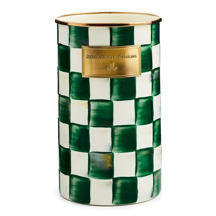 Extra-tall emerald green check enamel utensil holder with bronzed stainless steel rim and heavy-gauge steel body.