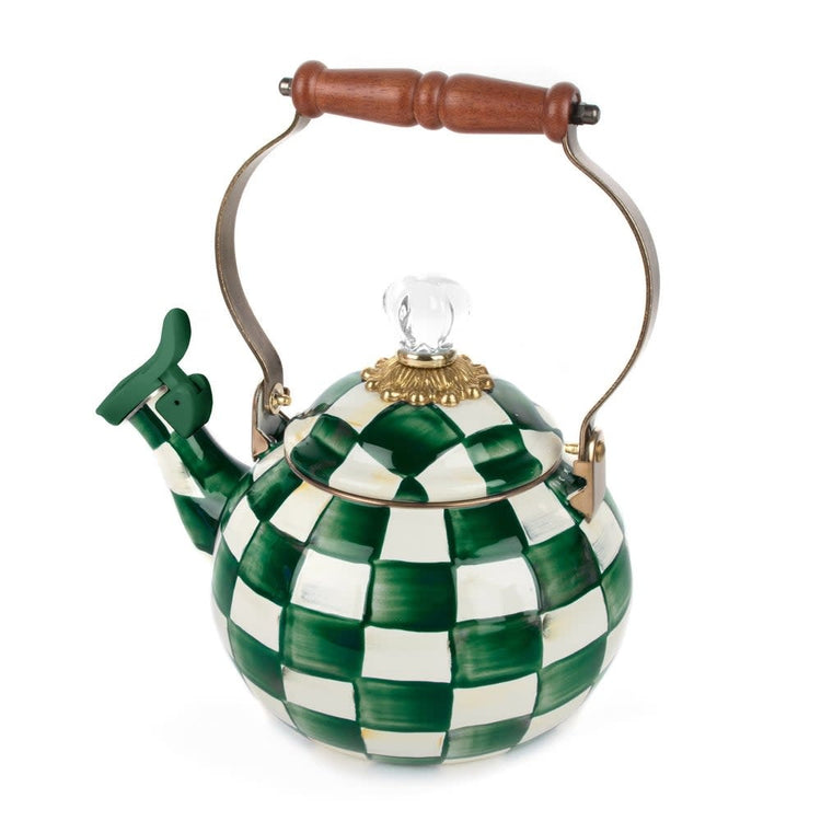 Emerald check patterned whistling tea kettle with steel body and curved handle