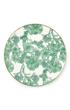 Emerald green enamel charger plate with floral transfer pattern and bronzed stainless steel rim.