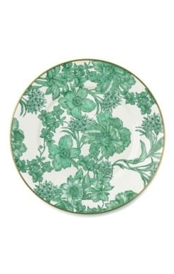 Emerald English Garden dinner plate with hand-applied floral transfers on steel body and bronzed stainless steel rim.