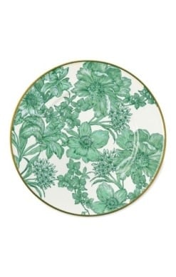 Emerald English Garden salad plate with hand-applied floral transfers on steel rimmed in bronzed stainless steel.