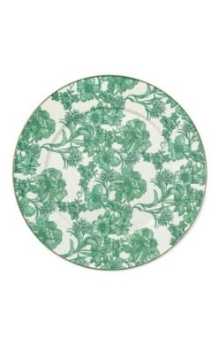 Emerald green English Garden floral enamel serving platter with bronzed stainless steel rim and heavy-gauge steel base.