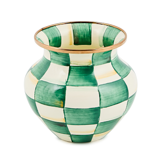 Hand-glazed steel vase with hand-painted emerald check pattern on a bronzed stainless rim.