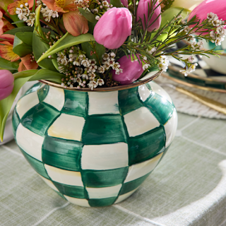 Hand-glazed steel vase with emerald checkered pattern and bronzed stainless rim
