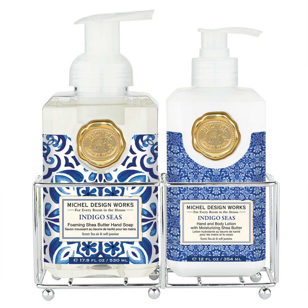 Hand Care Caddy containing foaming hand soap and lotion bottles.