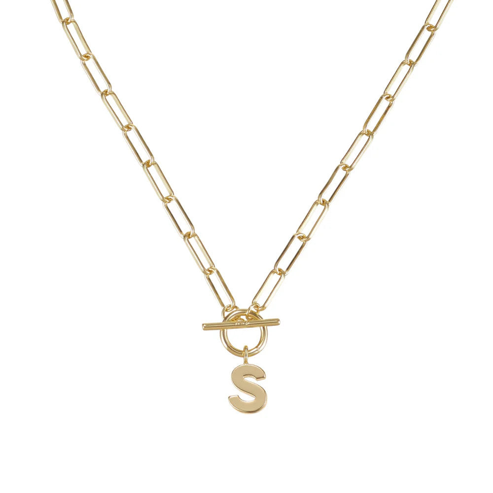 Gold plated toggle necklace with an 18-inch chain featuring a lead-free nickel-free brass construction.