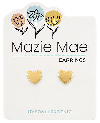 Gold solid heart stud earrings on a Mazie Mae hypoallergenic display card with floral illustrations.