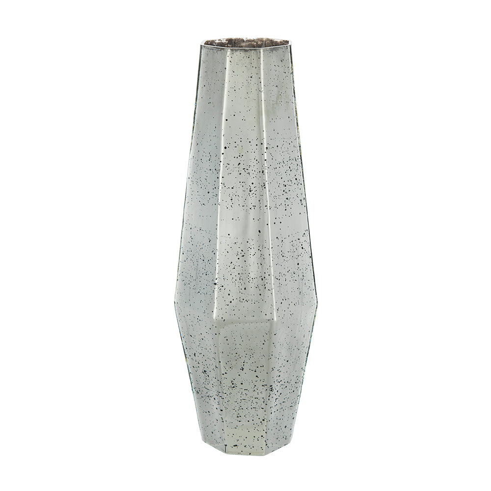 Antique silver glass decorative flower vase with a slender cylindrical silhouette.