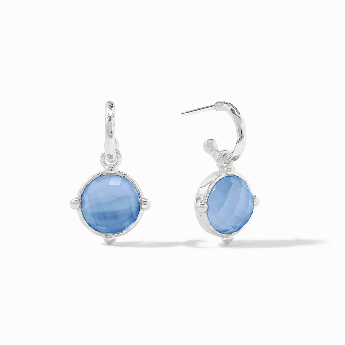 Honeybee silver hoop earrings with round faceted blue glass charms and a hammered texture.