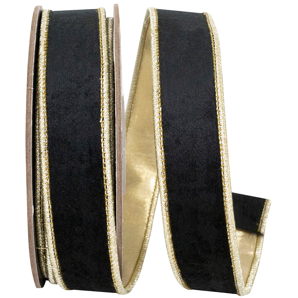 1 inch black velvet ribbon with gold metallic dupioni backing and wired edges on a spool.