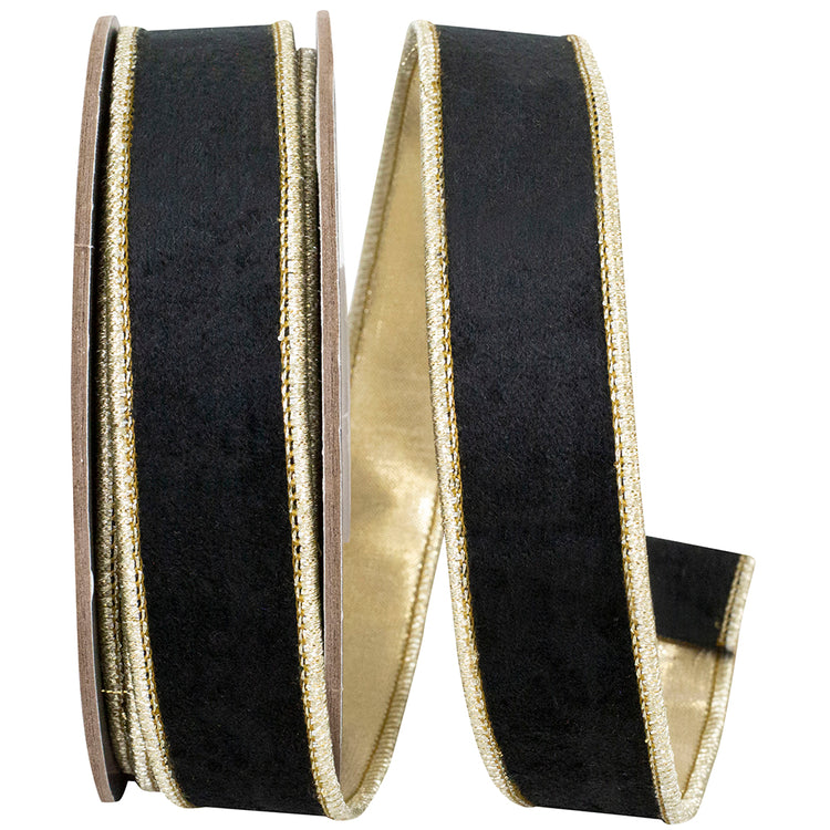 1 inch black velvet ribbon with gold metallic dupioni backing and wired edges on a spool.