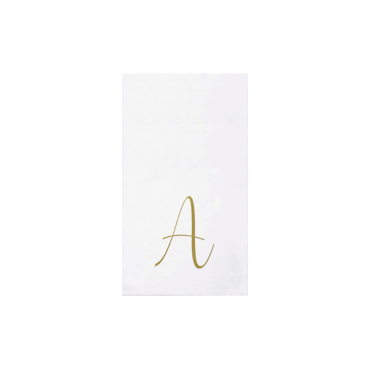 White Papersoft guest towel napkin featuring a gold script monogram letter A.
