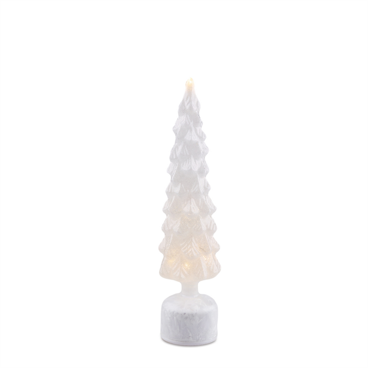 A tall, slender white glass Christmas tree with layered branches on a rotating LED base.
