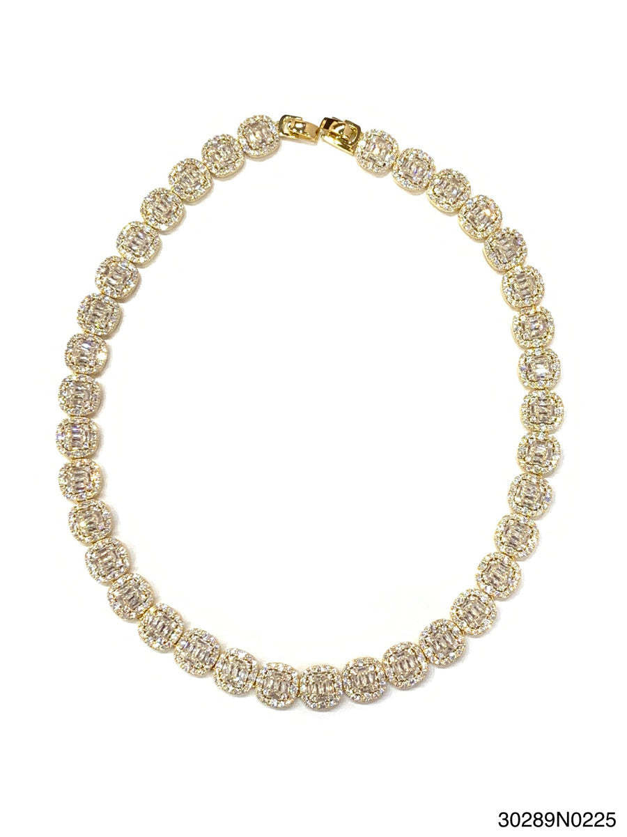 Gold tennis necklace with hand-set cubic zirconia stones on a 16-inch chain.