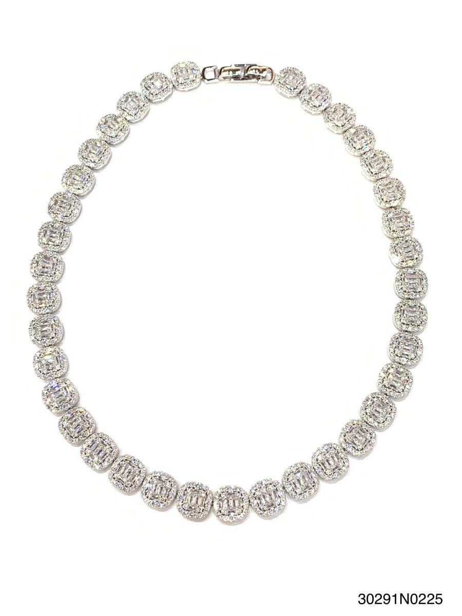 White gold tennis necklace with hand-set cubic zirconia stones on a hook closure.
