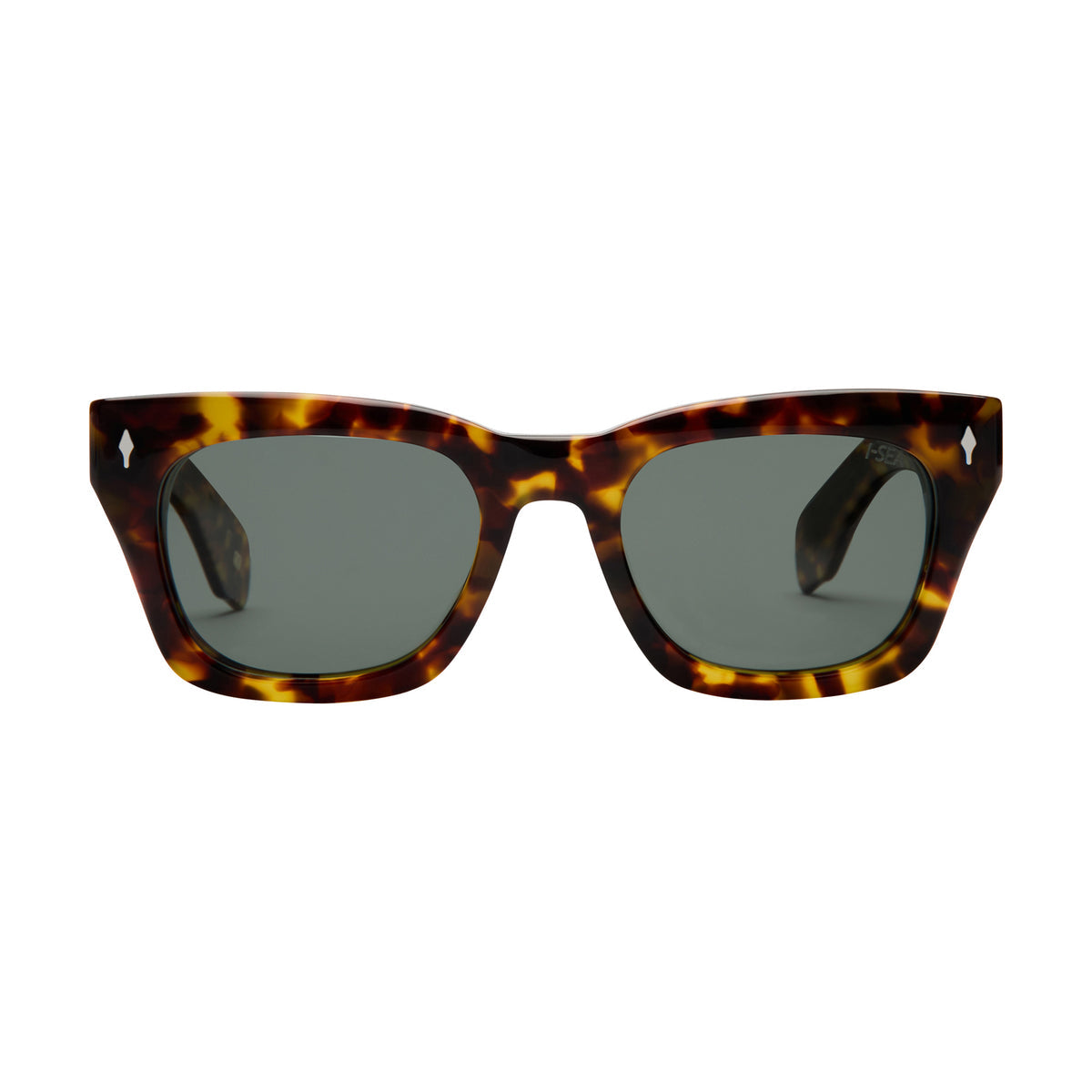 Crosby sunglasses with hand-polished tortoise acetate frames and green polarized lenses.