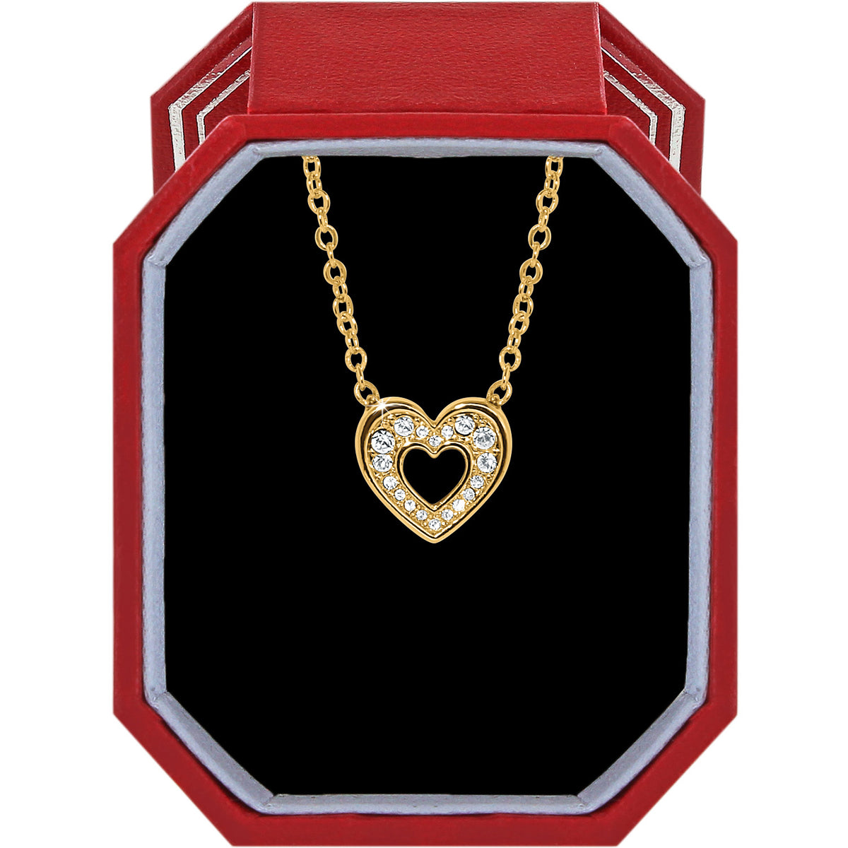 Gold plated heart necklace with crystal accents in an exclusive red Brighton gift box.