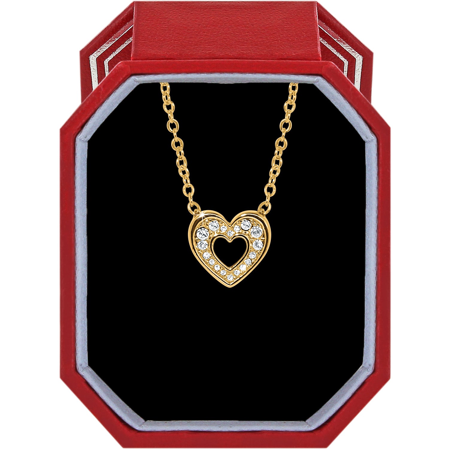 Gold plated heart necklace with crystal accents in an exclusive red Brighton gift box.
