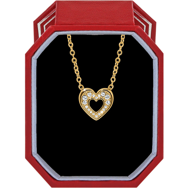 Gold plated heart necklace with crystal accents in an exclusive red Brighton gift box.