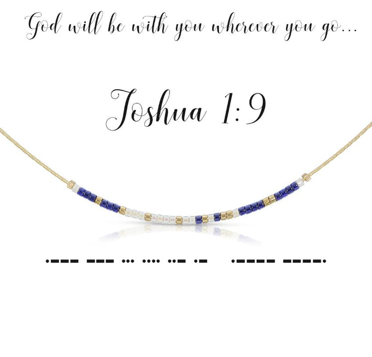 Joshua 1:9 Morse code necklace with navy and cream beads on a gold chain, featuring the Bible verse.
