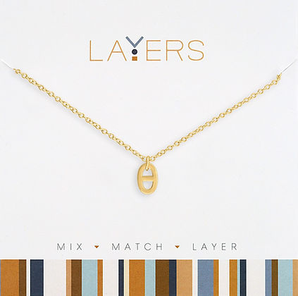 Gold Mariner Link Drop Layers Necklace on a white display card with a gold chain.