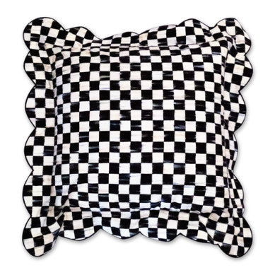 Reversible scalloped throw pillow in cotton with a check pattern.