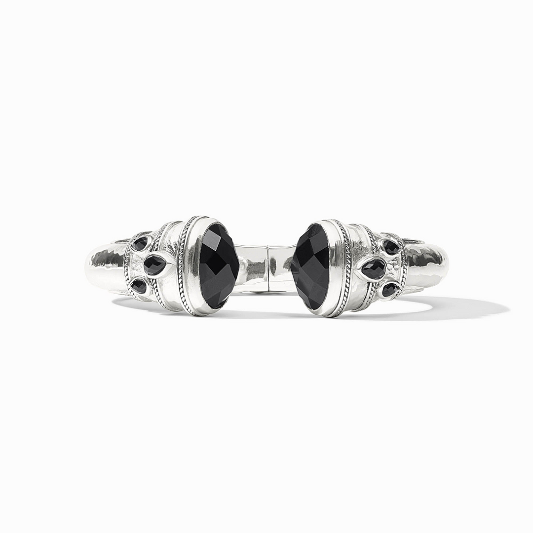 Cannes Cuff in silver with black rose-cut endcaps and pear-shaped gemstone accents.