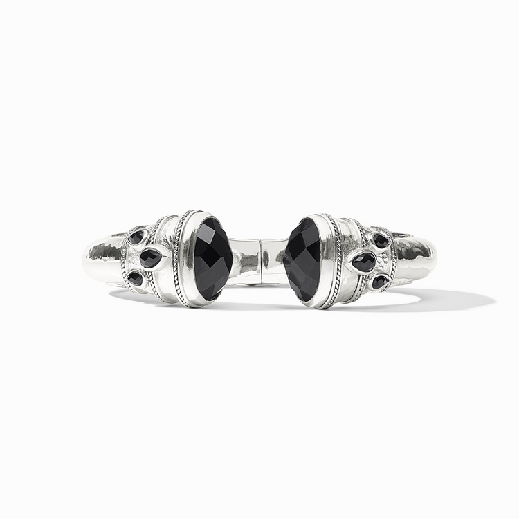 Cannes Cuff in silver with black rose-cut endcaps and pear-shaped gemstone accents.