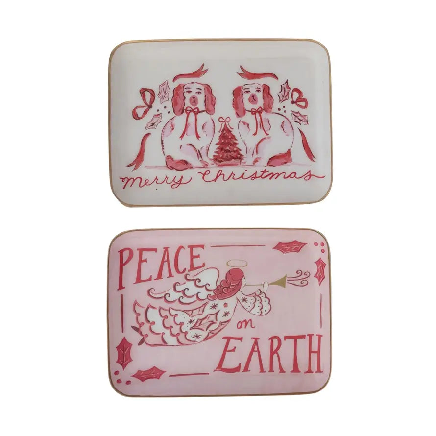 Enameled metal tray with festive holiday saying text on a rectangular shape.