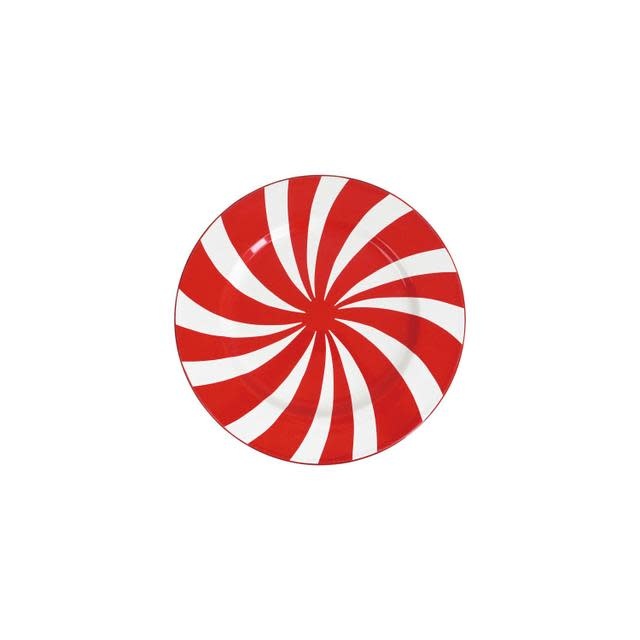 Red and white enameled charger plate with bold candy stripe pattern