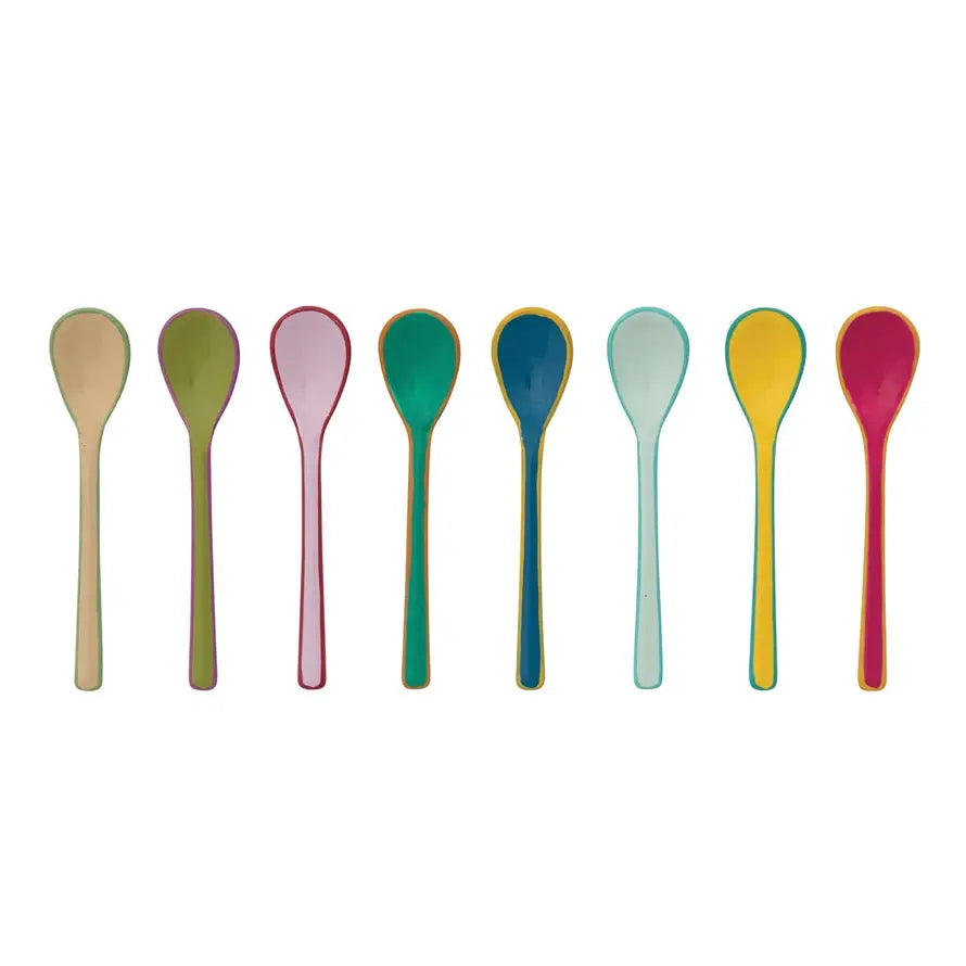 Enameled stainless steel salt spoon with a colorful cube shape.