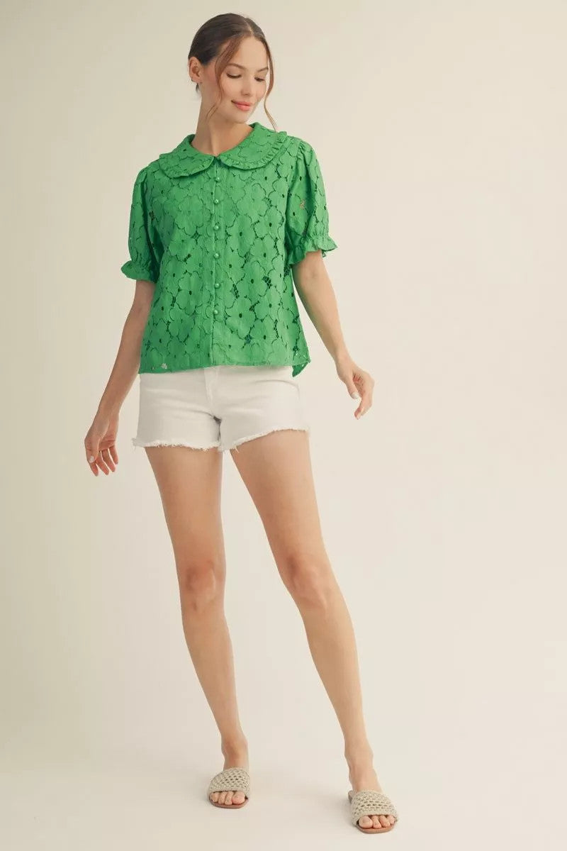 Layla Short Sleeves Button Down 3D Lace Top