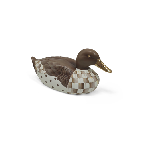 Hand-painted resin mallard duck figurine with brown head, gold beak, and check pattern body.
