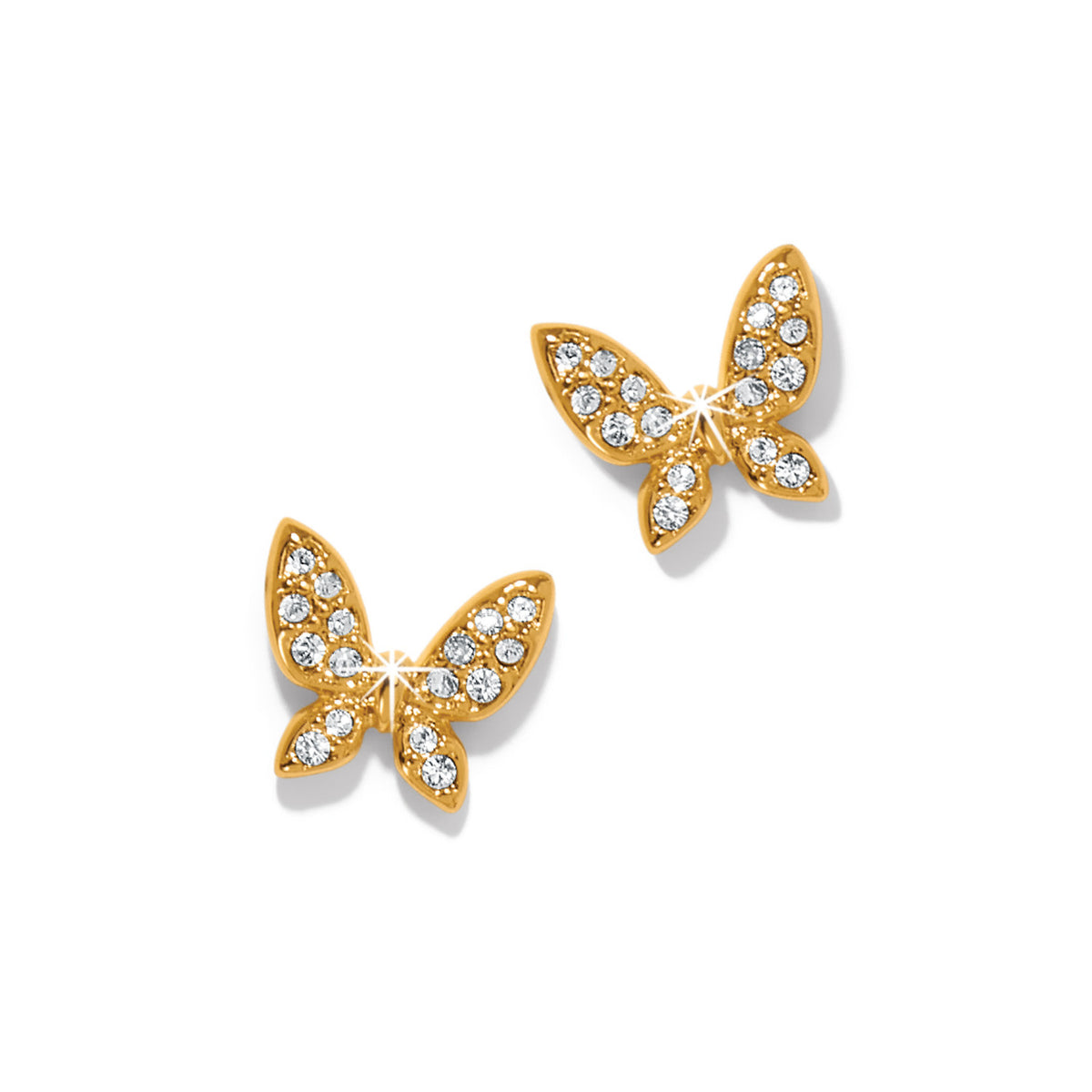 Gold plated post earrings featuring a butterfly shape with flat disc backs and fine quality crystals.