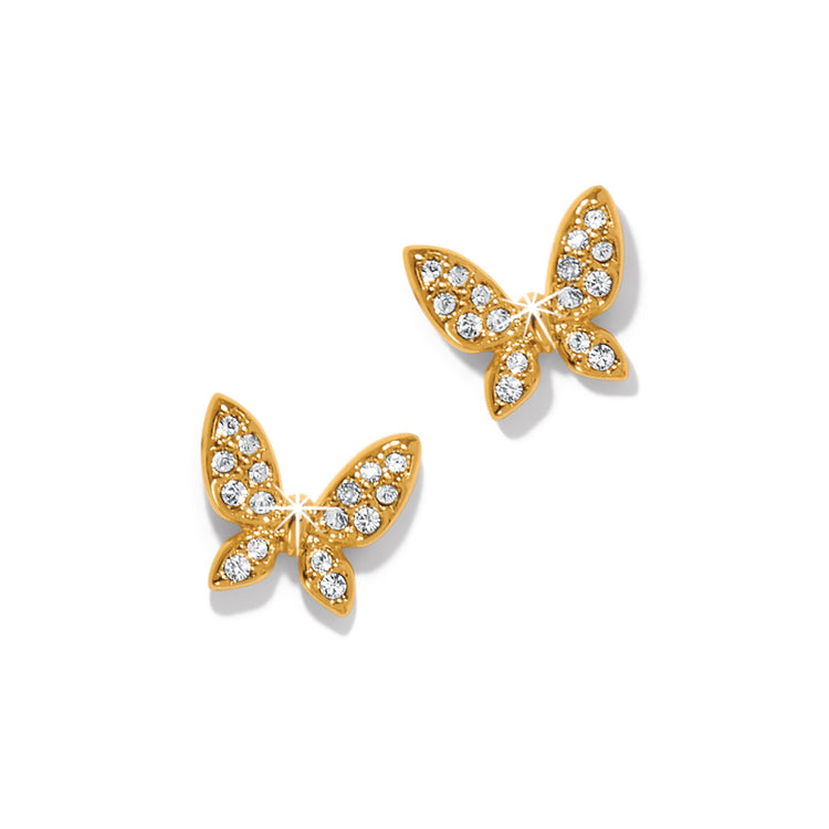 Gold plated post earrings featuring a butterfly shape with flat disc backs and fine quality crystals.