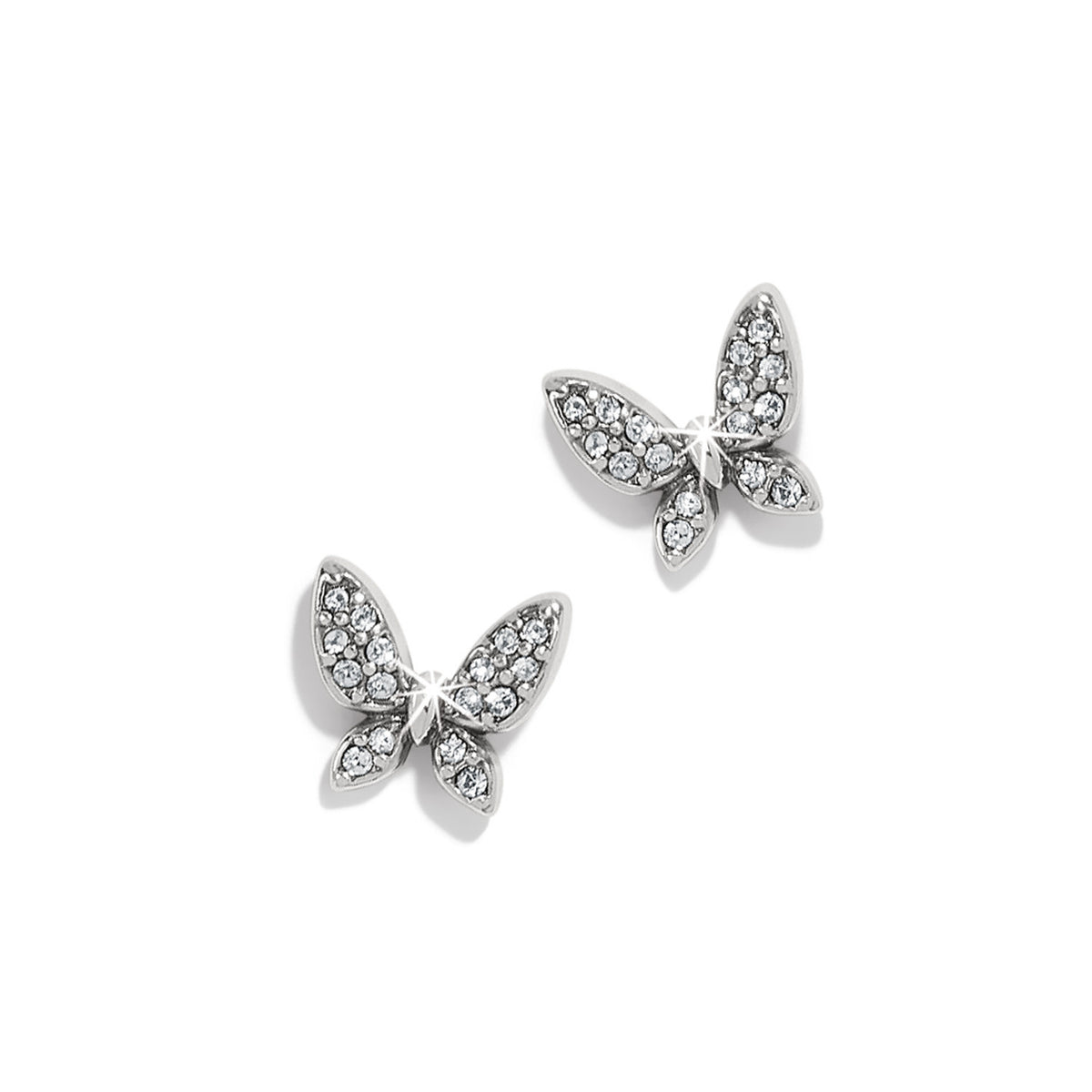 Silver post earrings featuring an enchanting butterfly with detailed wing patterns.