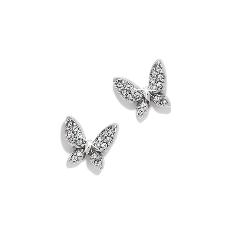 Silver post earrings featuring an enchanting butterfly with detailed wing patterns.