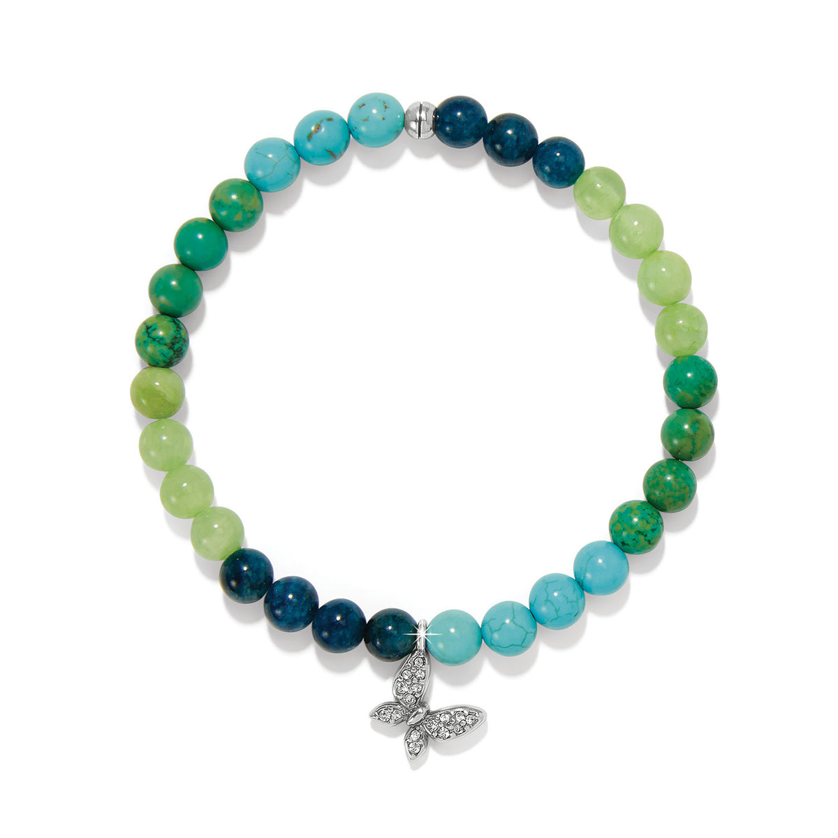 Silver-plated stretch bracelet featuring green beads and a butterfly-shaped crystal pendant.