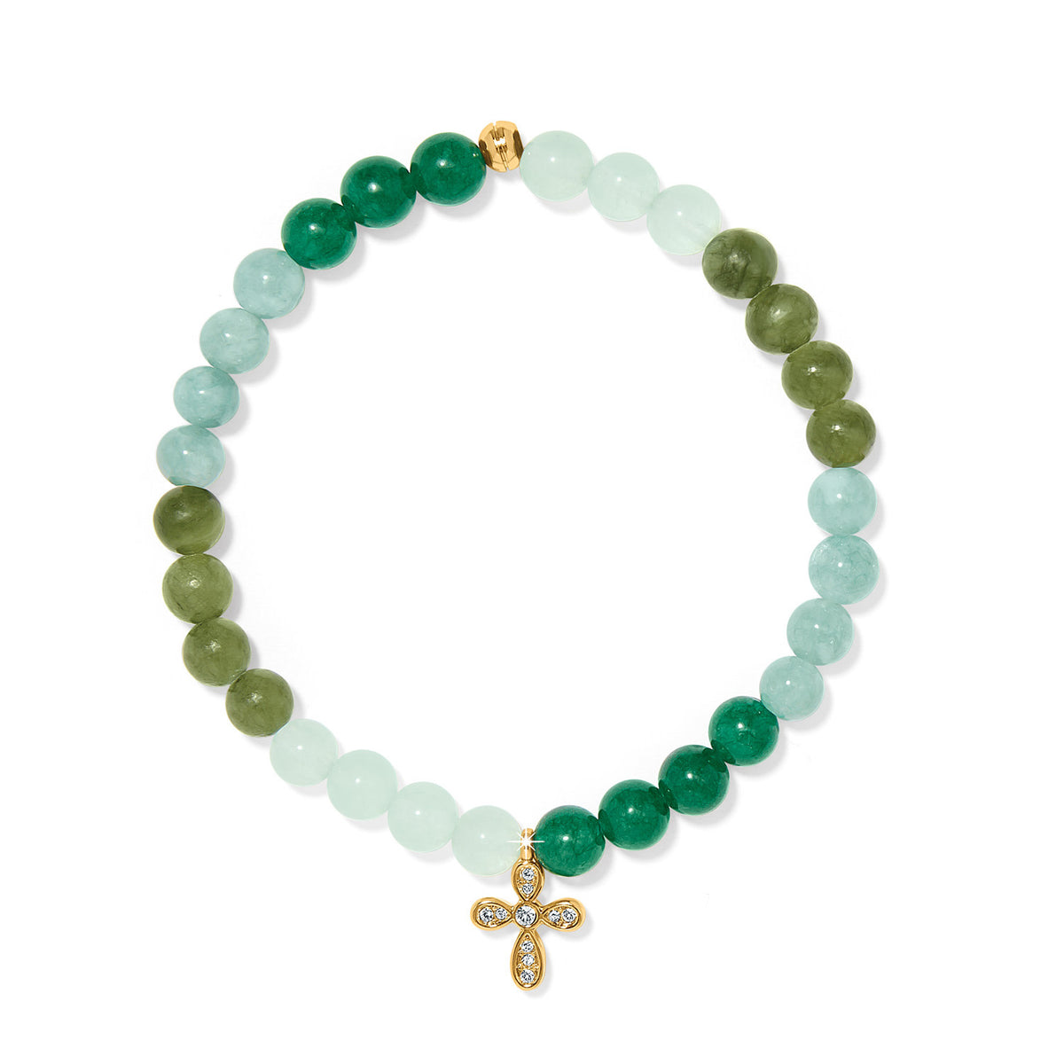 Gold stretch bracelet featuring a cross pendant with natural green jade crystals.