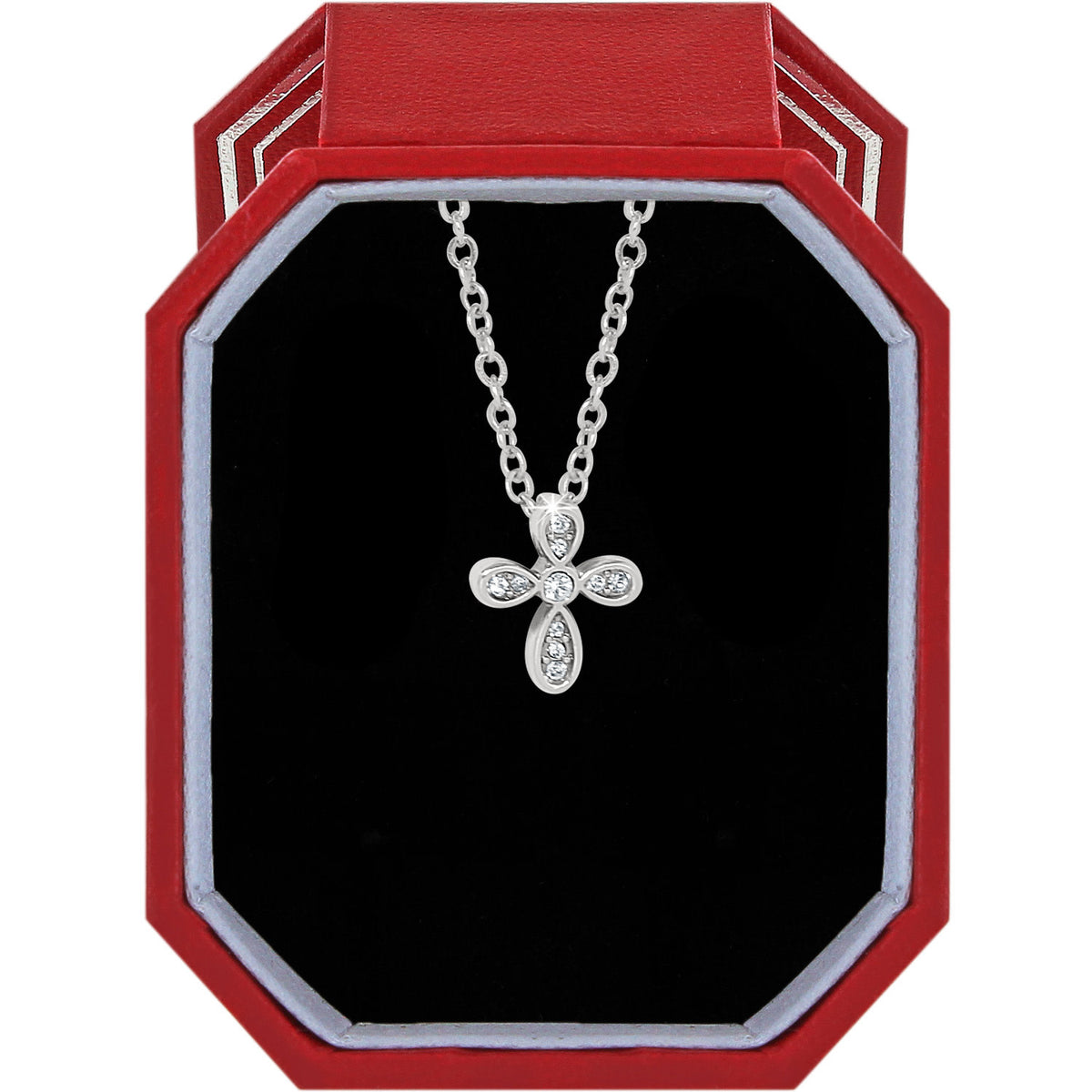 Silver plated cross necklace with hand-set crystals on a delicate chain in an exclusive gift box.