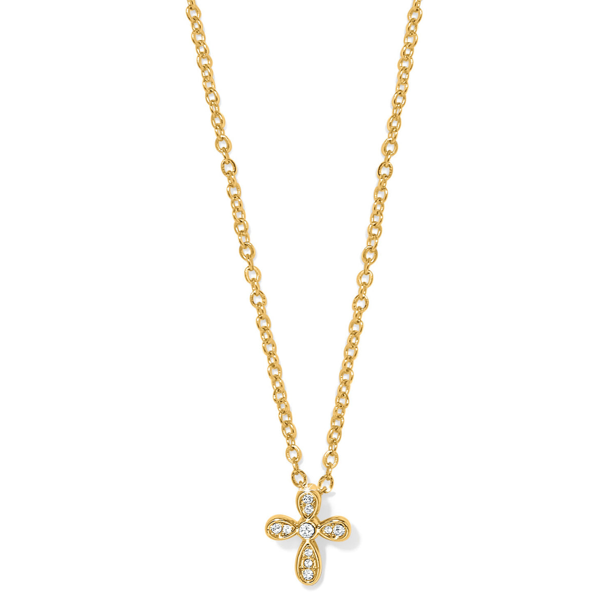 Gold plated adjustable cross necklace with crystal accents on a chain.
