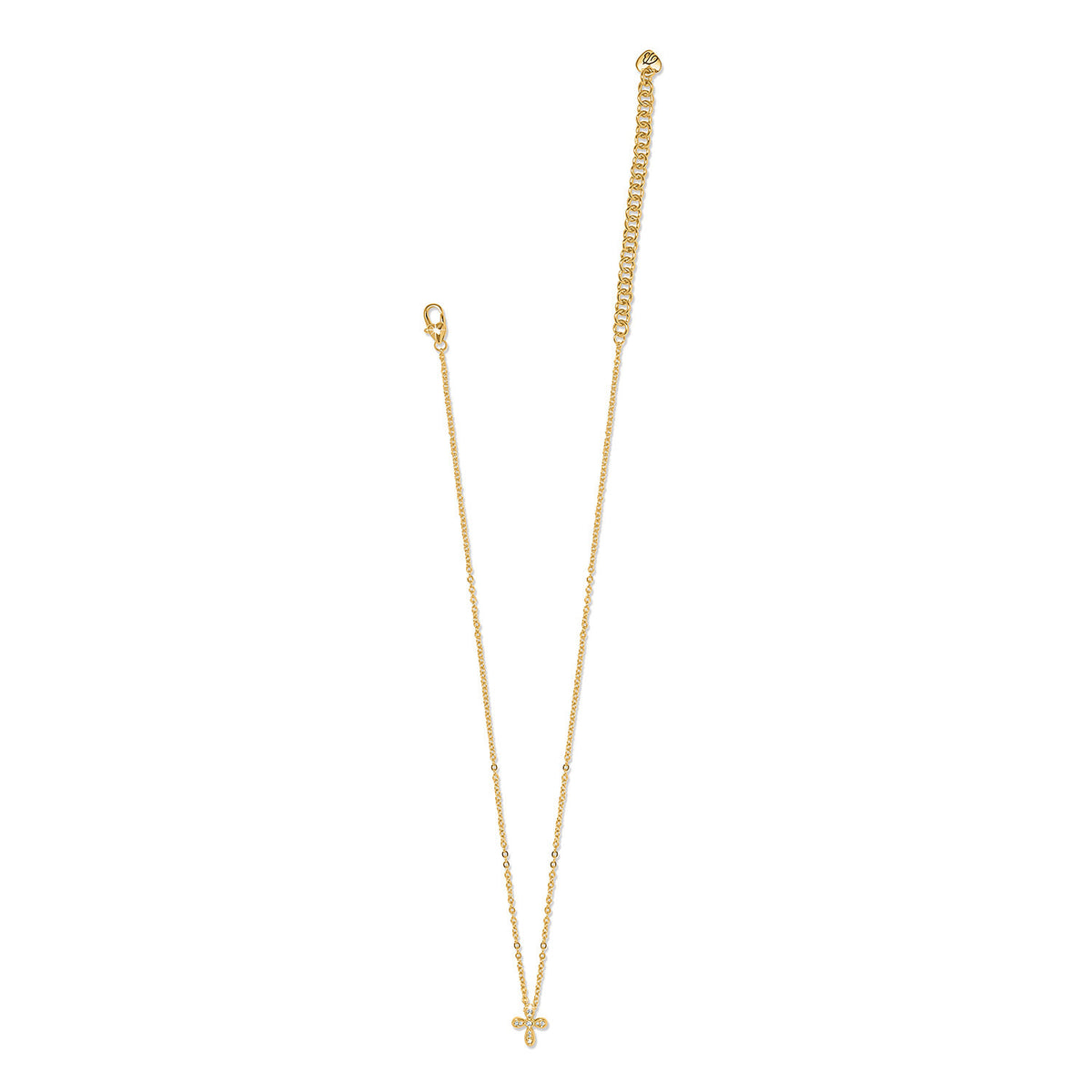 Gold plated adjustable cross necklace with crystal accents on a chain