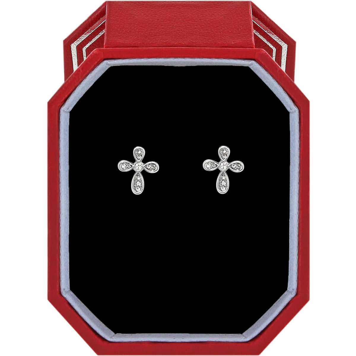 Silver plated post earrings featuring a delicate cross outline with hand-set crystals.