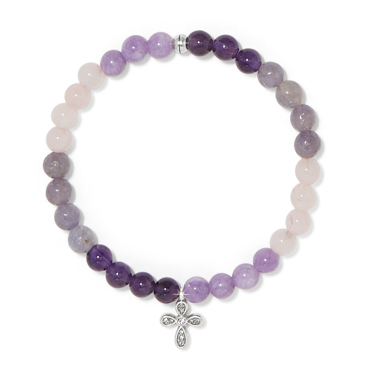 Silver stretch bracelet with cloudy purple jade, amethyst, and dark purple tourmaline crystals.